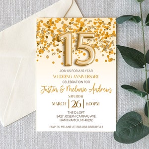 15 Year Wedding Anniversary Celebration Invitation | Self Editable | Gold Confetti and Glitter Design | 15th Year Anniversary