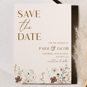Braune Boho Wildblumen Blumen Blumenschmuck Hochzeit Save The Date Karte | Bearbeitbar B26