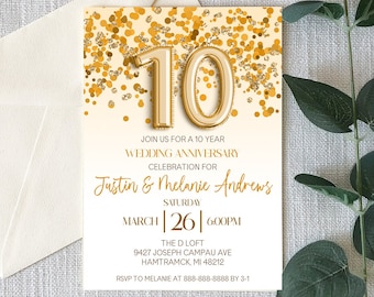 10 Year Wedding Anniversary Celebration Invitation | Self Editable | Gold Confetti and Glitter Design | 10th Year Anniversary