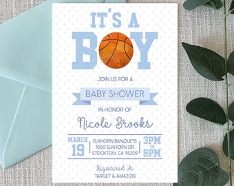 May include: It's a Boy baby shower invitation with a blue and white polka dot background. A basketball with orange and brown coloring is featured in the center of the invitation. The text "It's a Boy" is in blue with white polka dots. The invitation includes the date, time, and location of the baby shower. The text "Registered at Target & Amazon" is at the bottom of the invitation.