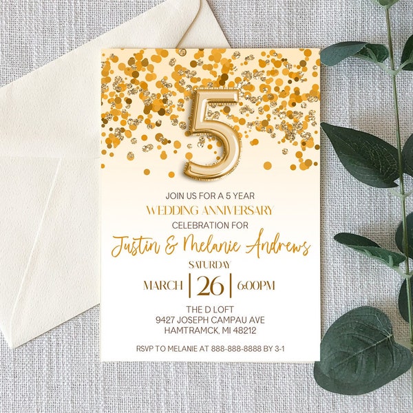 5 Year Wedding Anniversary Celebration Invitation | Self Editable | Gold Confetti and Glitter Design | 5th Year Anniversary