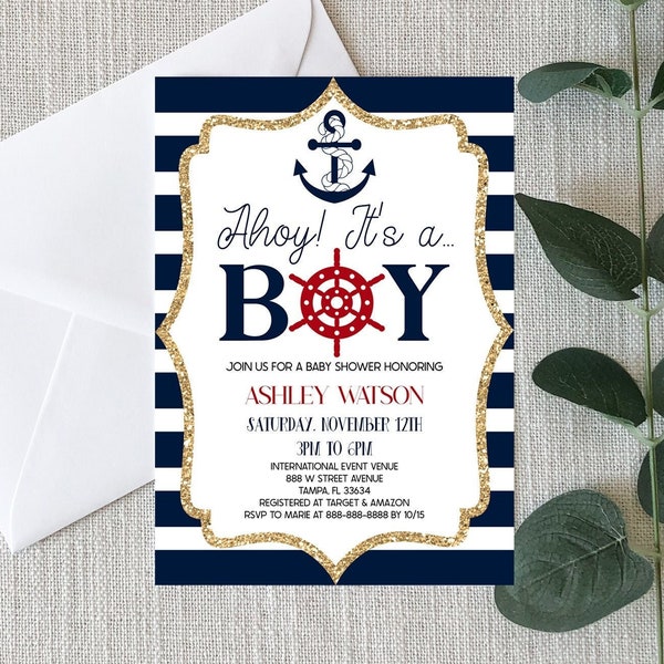 Ahoy! It's A Boy Editable Themed Baby Shower Invitation, Nautical Sea Theme Baby Shower Invites, Navy Blue Anchor Themed