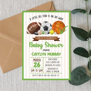 Editable Sports Theme Baby Shower Invitations, Sport Theme Baby Shower Invites, Basketball Baseball Soccer Football Hockey Golf Tennis