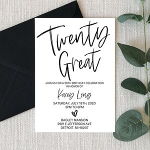 Twenty Great 28th Birthday Party Invitation | Editable B-Day Party Invite | Twenty-Eighth 28 Twenty Eight Birthday
