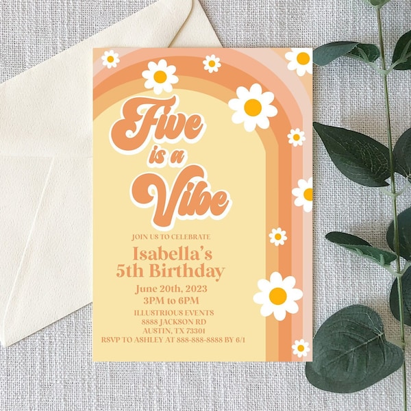 Five Is A Vibe Orange Pink Retro Daisy Fifth Birthday Party Invitation | Editable 70's Seventies 5th Birthday Party Invite