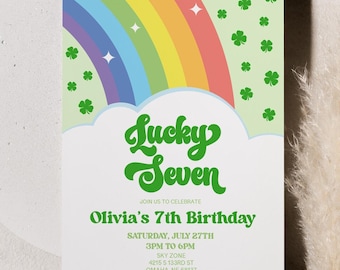 May include: A green and white birthday invitation with a rainbow and shamrocks. The text reads "Lucky Seven Olivia's 7th Birthday Saturday, July 27th 3PM to 6PM"