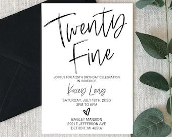 Veinte finas invitaciones a la fiesta de cumpleaños número 25 / Invitación editable a la fiesta del día B / Vigésimo quinto 25 veinticinco cumpleaños