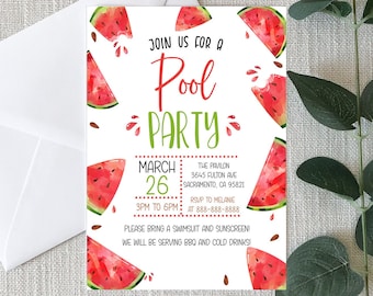 Watermelon Themed Summer Pool Party Invitation | Editable Pool Party Invite