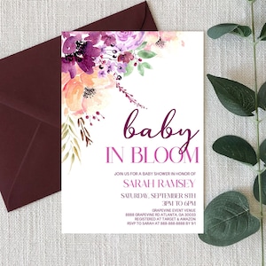 Baby In Bloom Baby Shower Invitation | Editable Baby Shower Invite | Burgundy Violet Purple Plum Mauve Fall Watercolor Floral Flowers
