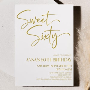 Sweet Sixty 60th Birthday Party Invitation | Editable Gold White Birthday Party Invite | Modern Minimal Minimalist Elegant