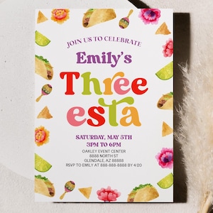 Three Esta 3rd Birthday Party Invitation | Retro Taco Fiesta Third Birthday Party Invite | Editable Three-Esta Invite