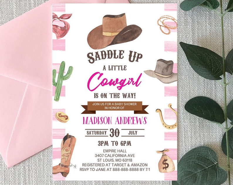 A Little Cowgirl Is On The Way Cow Girl Baby Shower Invitation Western Themed Baby Shower Invitation Editable Invite A44
