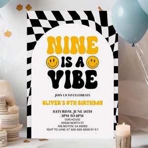 Nine Is A Vibe 9th Birthday Party Invitation | Retro Groovy Ninth Birthday Party Editable Invite Template