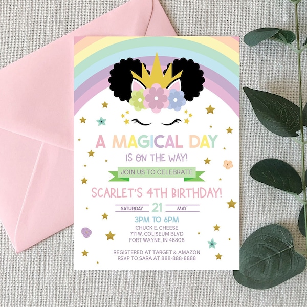 Afro Puff Unicorn and Rainbows Themed Birthday Party Invitation | Editable B-Day Invite