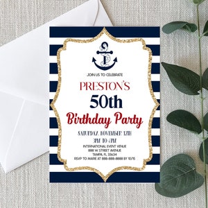 Nautical Birthday Party Invitation | Custom Navy Blue Anchor Birthday Party Invite | Editable Invite