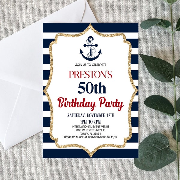 Nautical Birthday Party Invitation | Custom Navy Blue Anchor Birthday Party Invite | Editable Invite