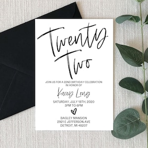 Twenty Two 22nd Birthday Party Invitation | Editable B-Day Party Invite | Twenty-Second 22 Birthday