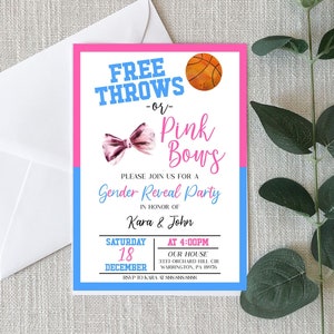 編集可能な性別発表招待状 | フリースローとピンクのリボンの性別発表招待状 | バスケットボールをテーマにした性別発表パーティー A26