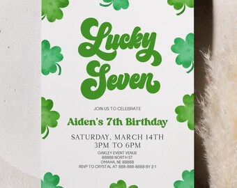 May include: A white invitation card with green shamrocks and the text "Lucky Seven" in a retro font. The card announces Aiden's 7th birthday celebration on March 14th.