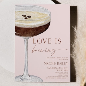 Invito per la festa nuziale con Martini Expresso Love Is Brewing / Invito per la festa nuziale con Martini Expresso rosa marrone beige modificabile