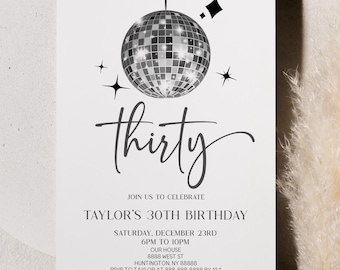 Thirty Silver Sparkly Disco Ball 30th Birthday Party Invitation | Elegant Thirtieth B-Day Party Invite B17
