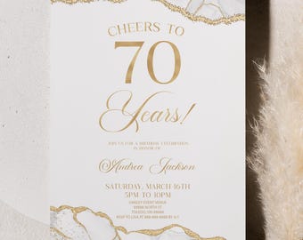 Cheers To 70 Years 70th Birthday Party Invitation | Editable Invite | Elegant Gold White Agate