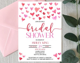 Editable Bridal Shower Invitation | Pink and Red Hearts Valentine Themed Bridal Shower Invite