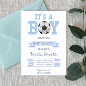 Invito per baby shower a tema calcio modificabile, inviti baby shower a tema sport blu, pallone da calcio a tema sport