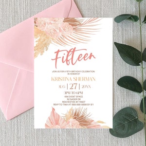 15th "Fifteen" Birthday Party Invitation | Boho Soft Pink Floral B-Day Party Invite | Bday Celebration Invites w/ Beautiful Flower Design
