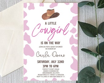 A Little Cowgirl Is On The Way! Cow Girl Print Baby Shower Invitation | Rodeo Western Wild West Baby Shower Invitation | Editable Invite A41