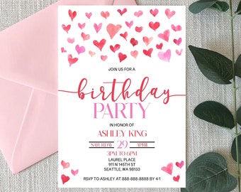 Editable Birthday Party Invitation | Pink and Red Hearts Valentine Themed B-Day Party Invite