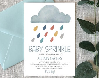 May include: A baby sprinkle invitation featuring a blue and grey watercolour cloud with colourful raindrops. The text reads "Baby Sprinkle" and includes the name "Alexia Owens", the date "May 1st, 2022", the time "3pm to 6pm", the location "Wisconsin Masonic Center Madison, WI 53703", and the RSVP information. The invitation also states "it's a boy!"