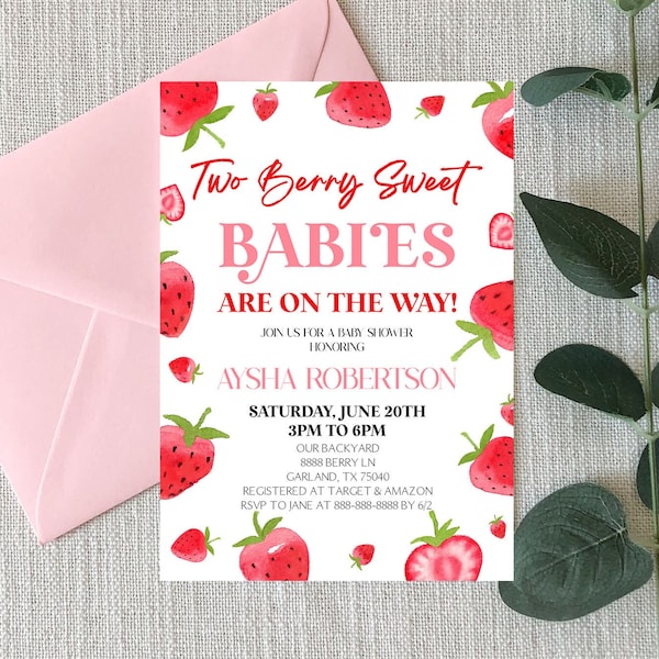 Editable Strawberry Themed Twins Baby Shower Invitation | Two Berry Sweet Babies Are On The Way! Twins Baby Shower Invite A18