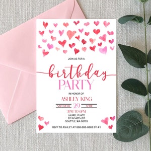Bearbeitbare Geburtstagsparty Einladung | Rosa und Rote Herzen Valentine Themen B-Day Party Einladung