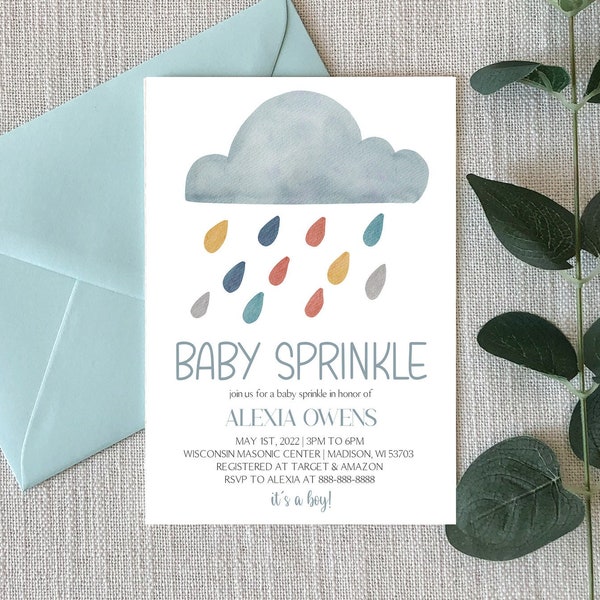 Boho Rain Cloud Themed Baby Sprinkle Invitation | Watercolor Boho Rain Drops and Clouds Theme | Editable Baby Sprinkle Invite