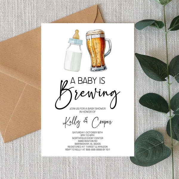 A Baby Is Brewing Co Ed Baby Shower Invitation | Editable Baby Bottle Beer Pint Glass Mug Co-ed Baby Shower Invite | Minimal Minimalist