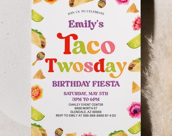 Taco Twosday 2nd Birthday Party Invitation | Retro Fiesta Second Birthday Party Invite | Editable Invite B51