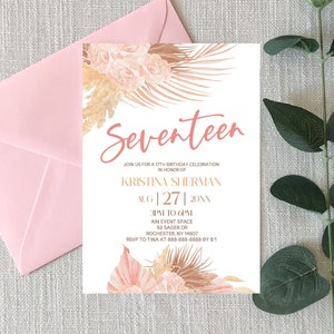 17th "Seventeen" Birthday Party Invitation | Boho Soft Pink Floral B-Day Party Invite | Bday Celebration Invites w/ Beautiful Flower Design