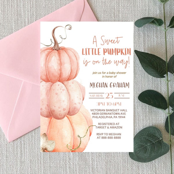 Pink Pumpkin Themed Baby Shower Invitation | Fall Pumpkins Theme | Editable Baby Shower Invite | A Sweet Little Pumpkin Is On The Way!