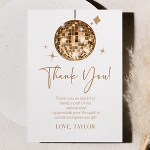 Laten we gaan disco! Gouden sprankelende bedankkaart voor discobal | Elegante platte bedankkaart voor B-Day-feest B18