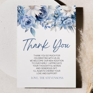 Dusty Blue Blumen Blumen Baby Shower Danke zu kardieren | Baby in Bloom bearbeitbar Dankeschön Hinweis B13
