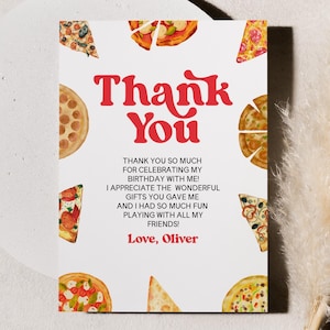 Cartão de agradecimento para festa de aniversário com pizza retrô Slice Slice Baby | Nota de agradecimento editável B77