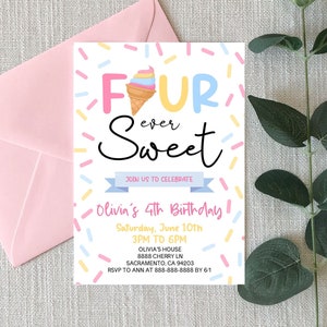 Four Ever Sweet Fourth 4th Birthday Party Invitation | Editable Ice Cream Invite | Summer Ice Cream Cone A80