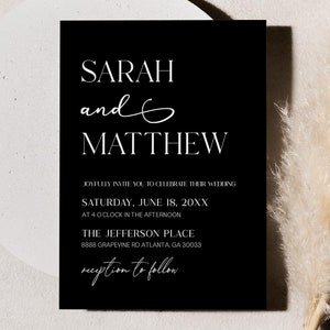May include: Black wedding invitation with white text. The invitation reads "Sarah and Matthew" followed by the wedding date, time, location, and the text "reception to follow".