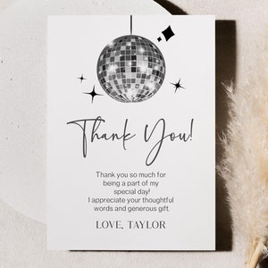 Laten we gaan disco! Zilveren sprankelende bedankkaart voor discobal | Elegante platte bedankkaart voor B-Day-feest B17