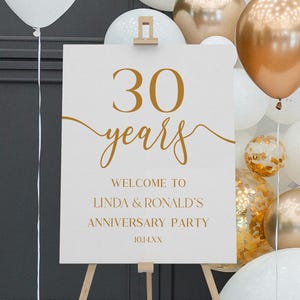 Cartel de bienvenida para celebración de 30.º aniversario de bodas / Póster de caballete editable, elegante y minimalista, color blanco champán, tablero de espuma B63