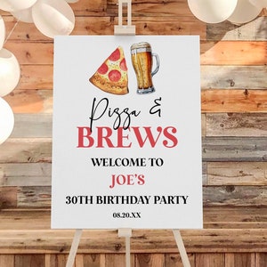 Letrero de bienvenida para fiesta de cumpleaños de Pizza and Brews / Póster de caballete de vidrio con jarra de cerveza y porción de pizza editable Tablero de espuma
