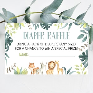 Zoo Dschungel Safari Tier Windel Tombola Karte | Baby Shower Windel Tombola Karten | Grünes Blatt Regenwald Themen Dekor Dekorationen
