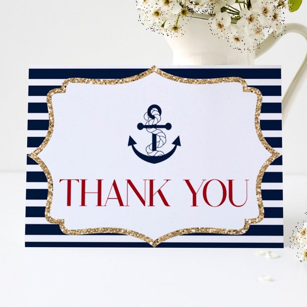 Nautical Themed Thank You Card | Editable Folded Thank You Note | Baby Shower or Birthday Party | Ahoy It's A Boy Anchor Blue Red Gold