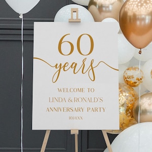 Cartel de bienvenida para fiesta de 60 años de aniversario de bodas / Póster de caballete editable, elegante y minimalista, color blanco champán, tablero de espuma B63